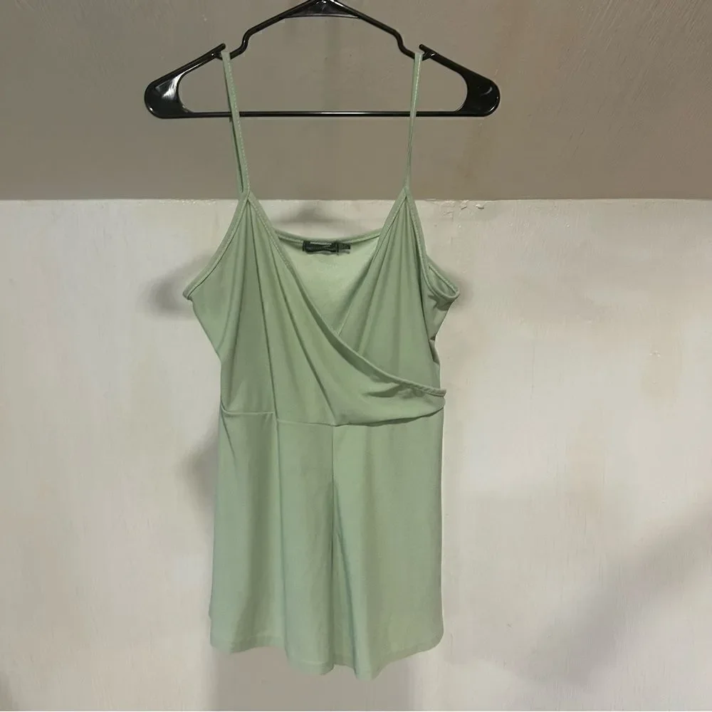PrettyLittleThing Sage Green Crepe Strappy Wrap Romper